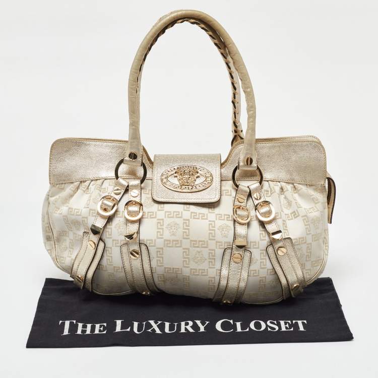 Pre Owned Versace Beige/Gold Signature Canvas and Leather Medussa Buckle Satchel