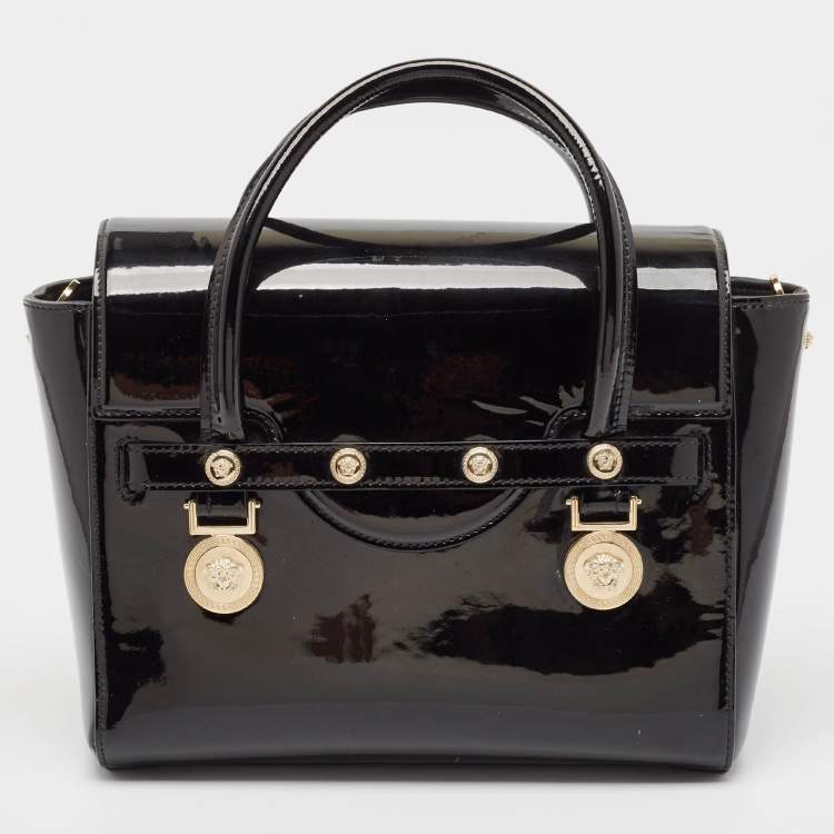 Pre Owned Versace Black Patent Leather Medium Medusa Medallion Tote