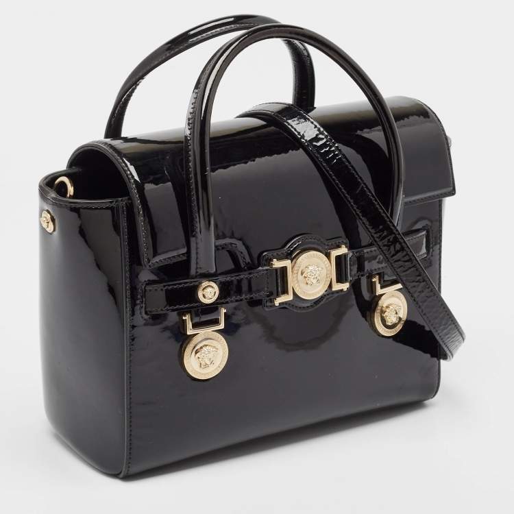Pre Owned Versace Black Patent Leather Medium Medusa Medallion Tote