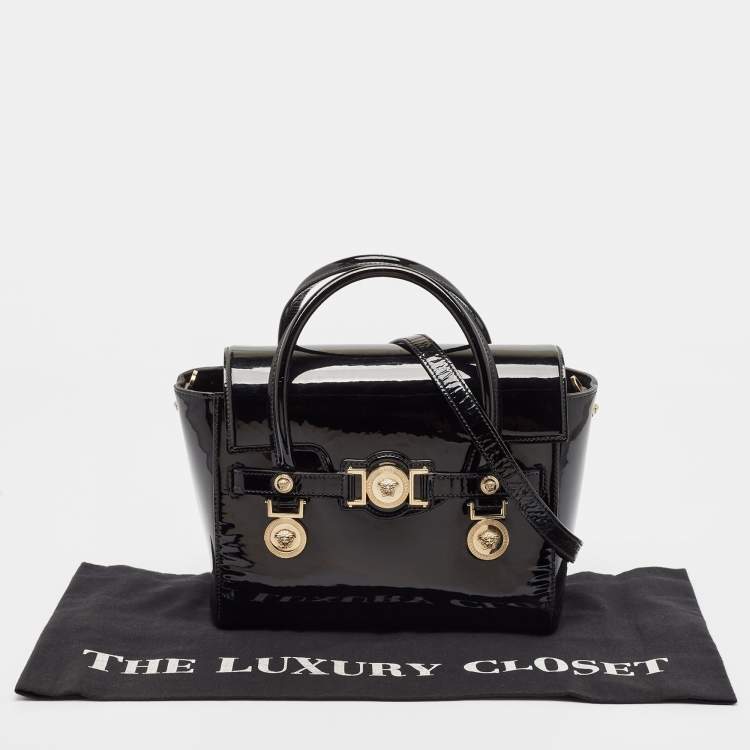 Pre Owned Versace Black Patent Leather Medium Medusa Medallion Tote