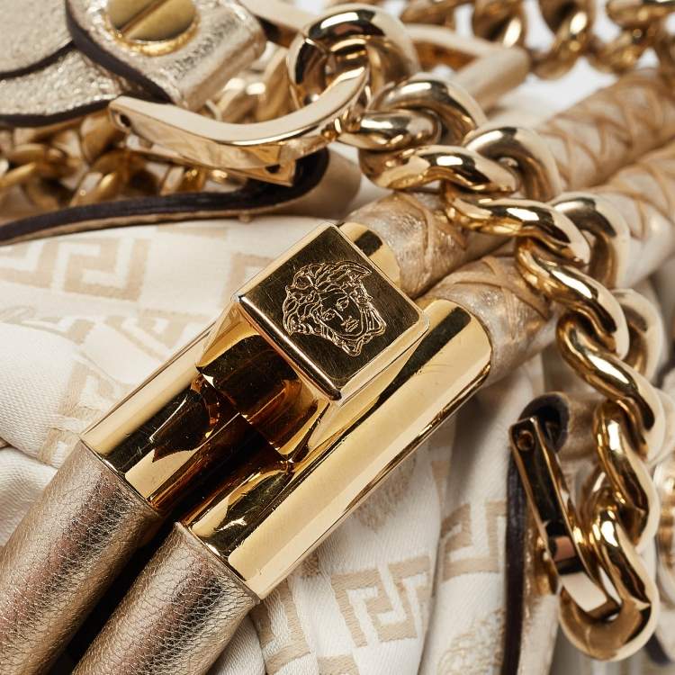 Pre Owned Versace Gold/White Signature Fabric and Leather Frame Satchel