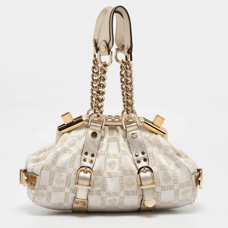 Pre Owned Versace Gold/White Signature Fabric and Leather Frame Satchel