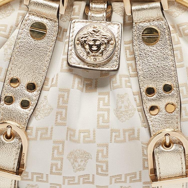 Pre Owned Versace Gold/White Signature Fabric and Leather Frame Satchel