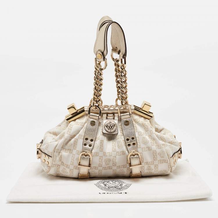 Pre Owned Versace Gold/White Signature Fabric and Leather Frame Satchel