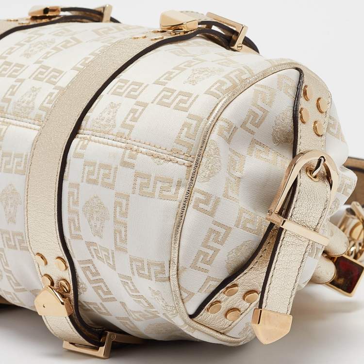 Pre Owned Versace Gold/White Signature Fabric and Leather Frame Satchel
