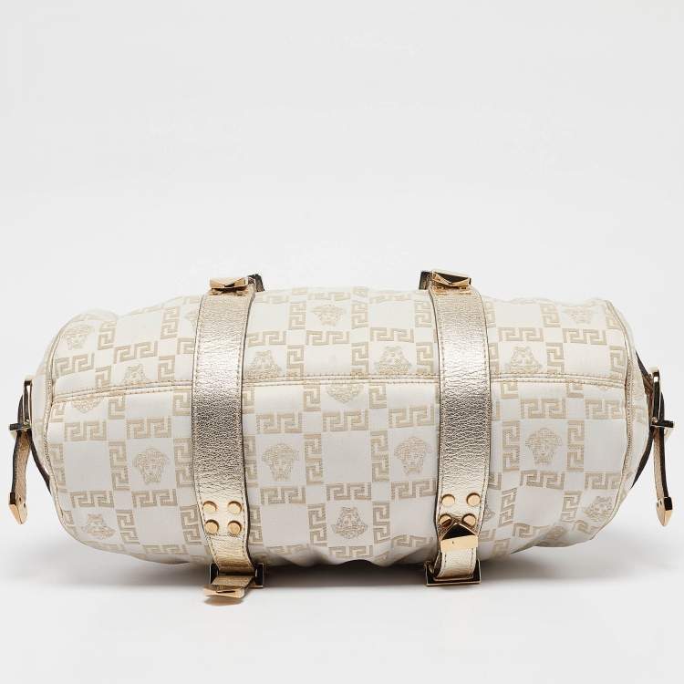 Pre Owned Versace Gold/White Signature Fabric and Leather Frame Satchel