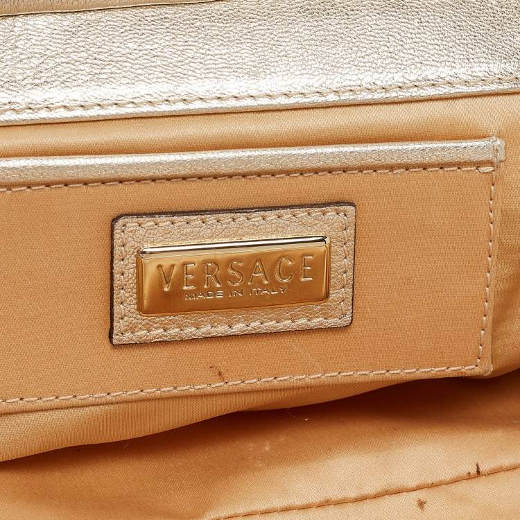 Pre Owned Versace Gold/White Signature Fabric and Leather Frame Satchel