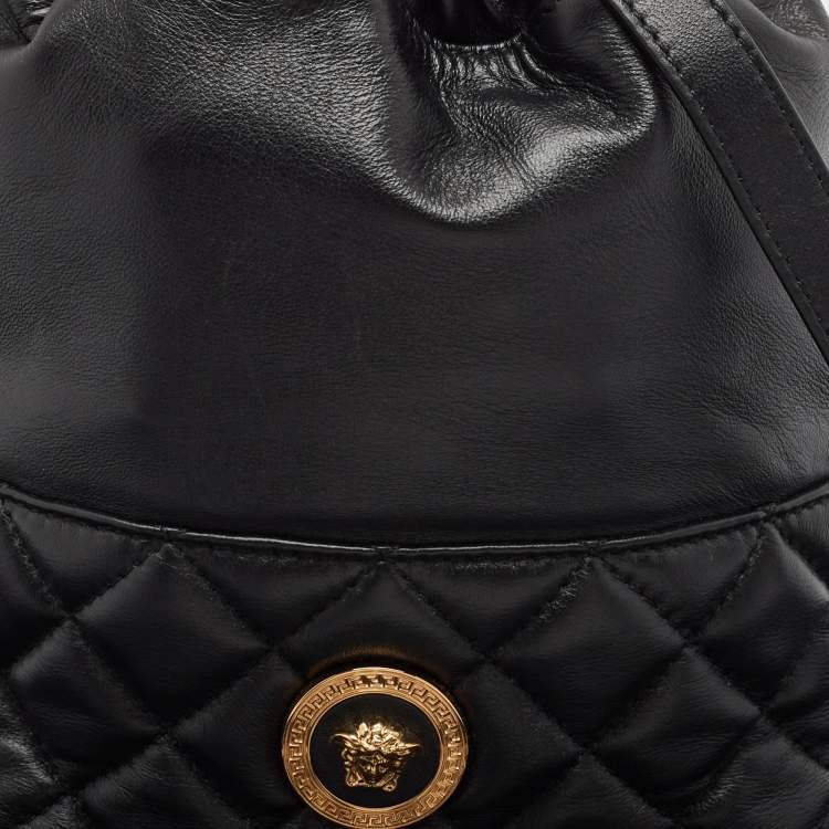 Pre Owned Versace Black Quilted Leather Medusa Drawstring Bucket Bag