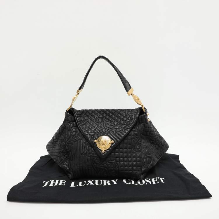Pre Owned Versace Black Quilted Leather Embroidered Barocco Shoulder Bag