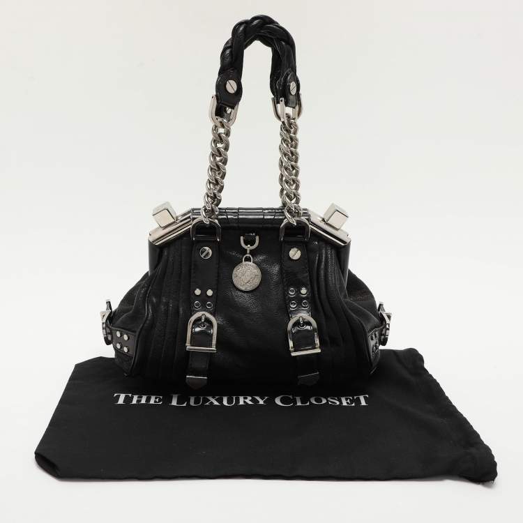 Pre Owned Versace Black Leather Chain Embellished Satchel