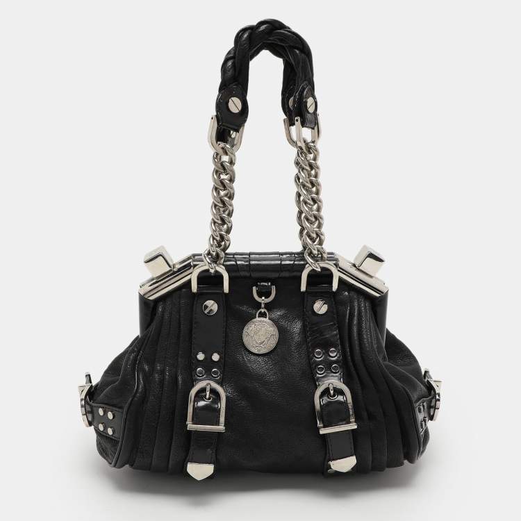 Pre Owned Versace Black Leather Chain Embellished Satchel