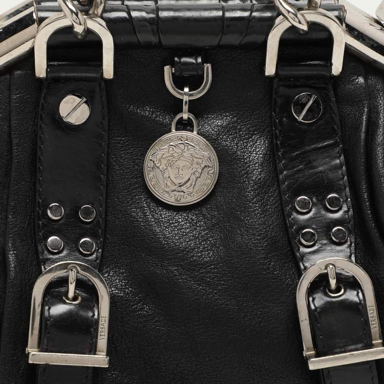 Pre Owned Versace Black Leather Chain Embellished Satchel