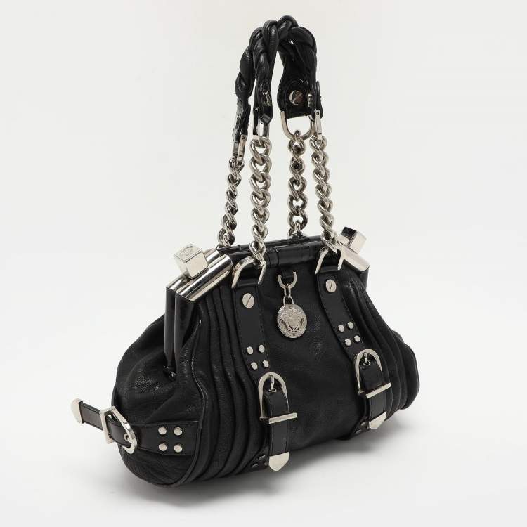 Pre Owned Versace Black Leather Chain Embellished Satchel