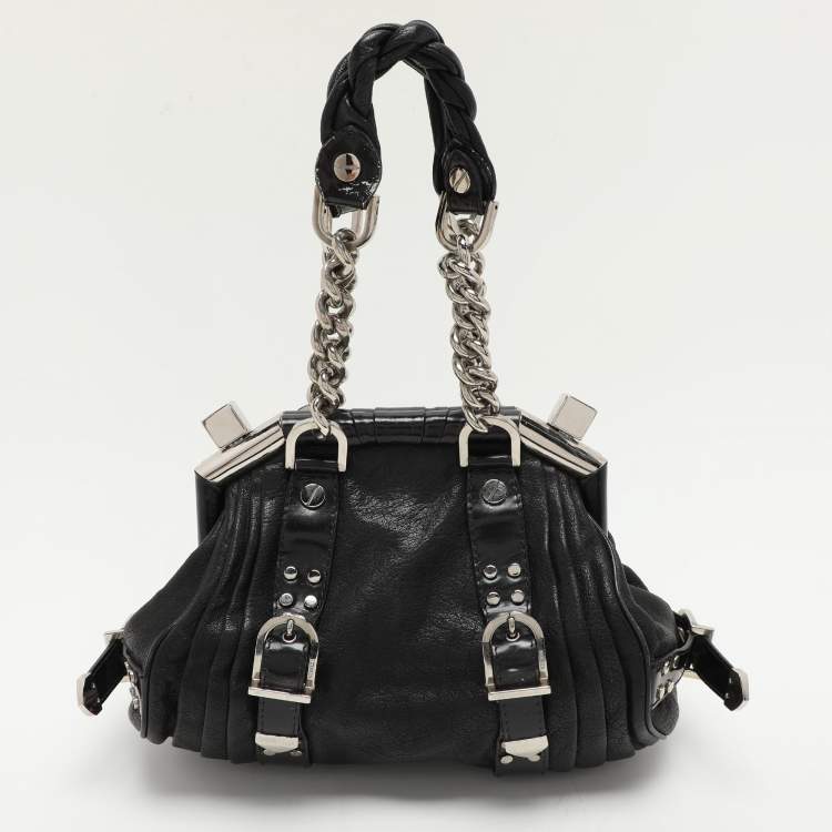 Pre Owned Versace Black Leather Chain Embellished Satchel