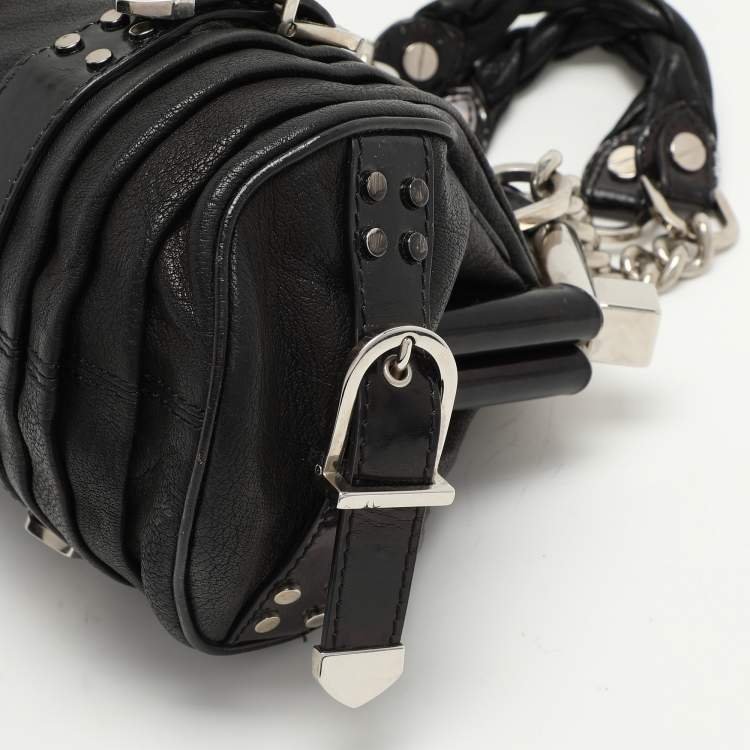 Pre Owned Versace Black Leather Chain Embellished Satchel
