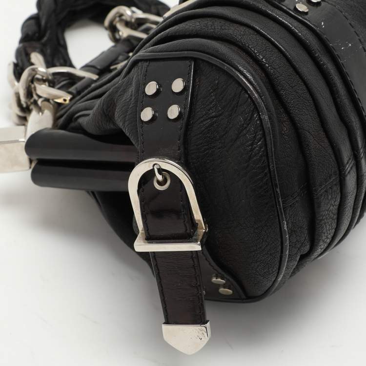 Pre Owned Versace Black Leather Chain Embellished Satchel