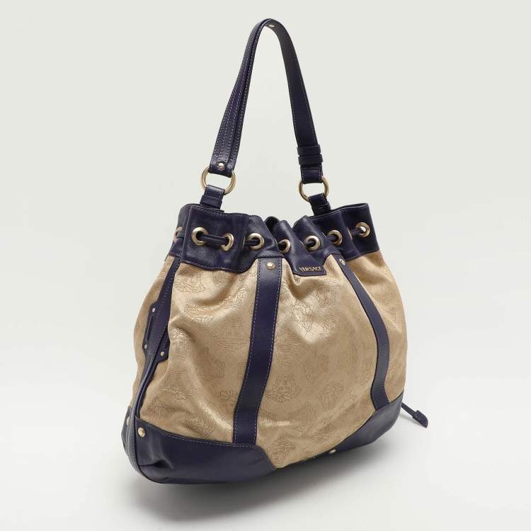 Pre Owned Versace Beige/Blue Medusa Canvas and Leather Drawstring Hobo