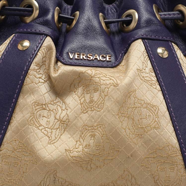 Pre Owned Versace Beige/Blue Medusa Canvas and Leather Drawstring Hobo
