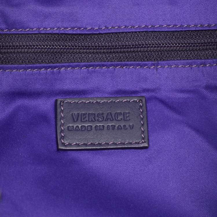 Pre Owned Versace Beige/Blue Medusa Canvas and Leather Drawstring Hobo