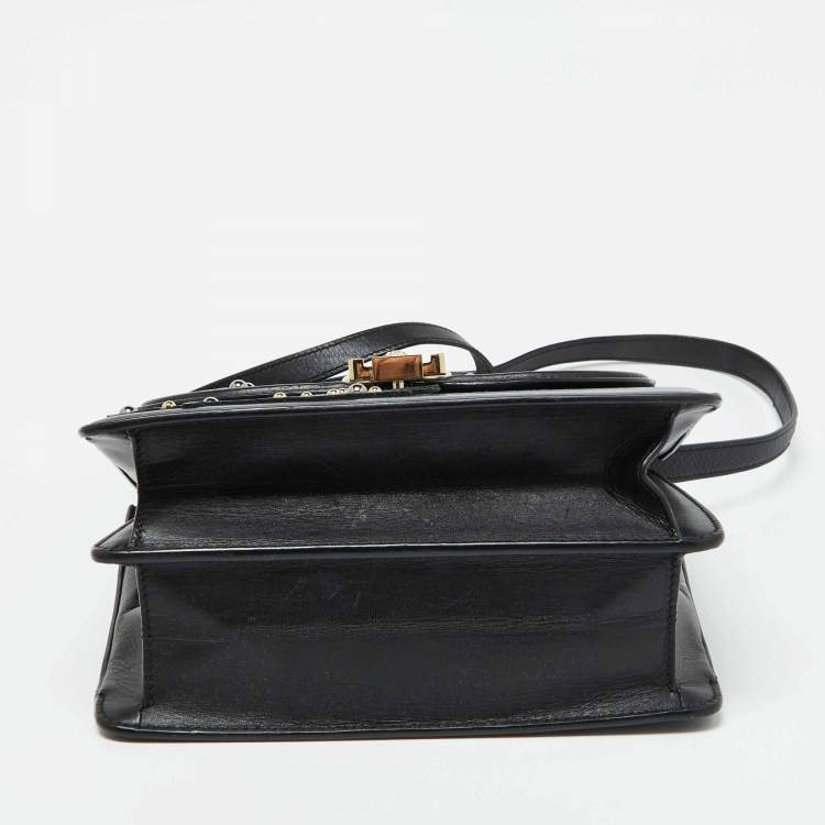 Pre Owned Versace Black Leather Applique Studded Flap Top Handle Bag