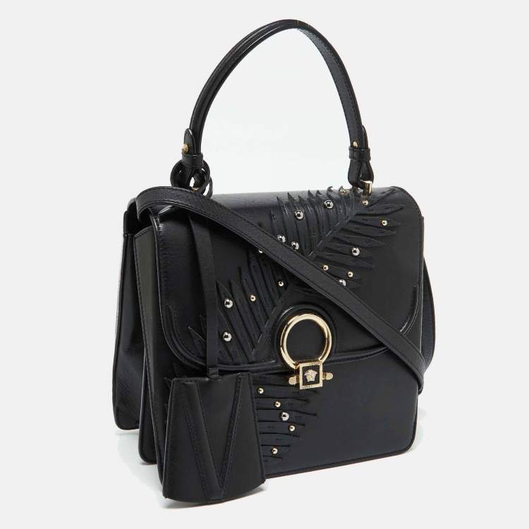 Pre Owned Versace Black Leather Applique Studded Flap Top Handle Bag
