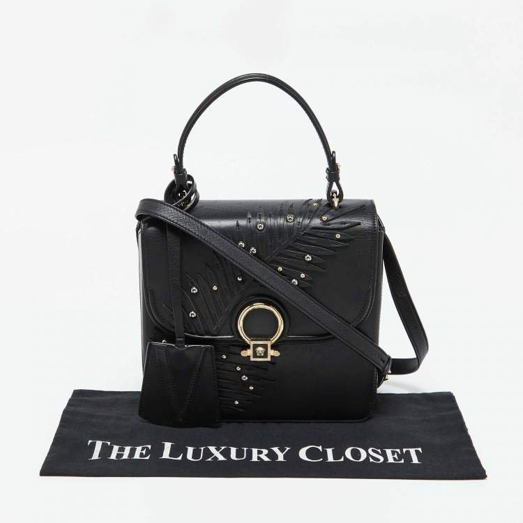 Pre Owned Versace Black Leather Applique Studded Flap Top Handle Bag