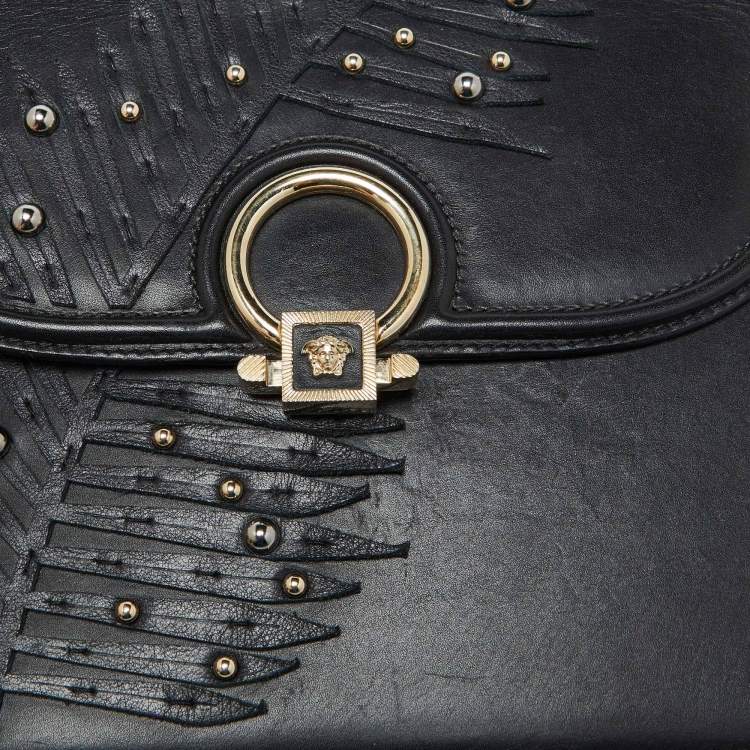 Pre Owned Versace Black Leather Applique Studded Flap Top Handle Bag