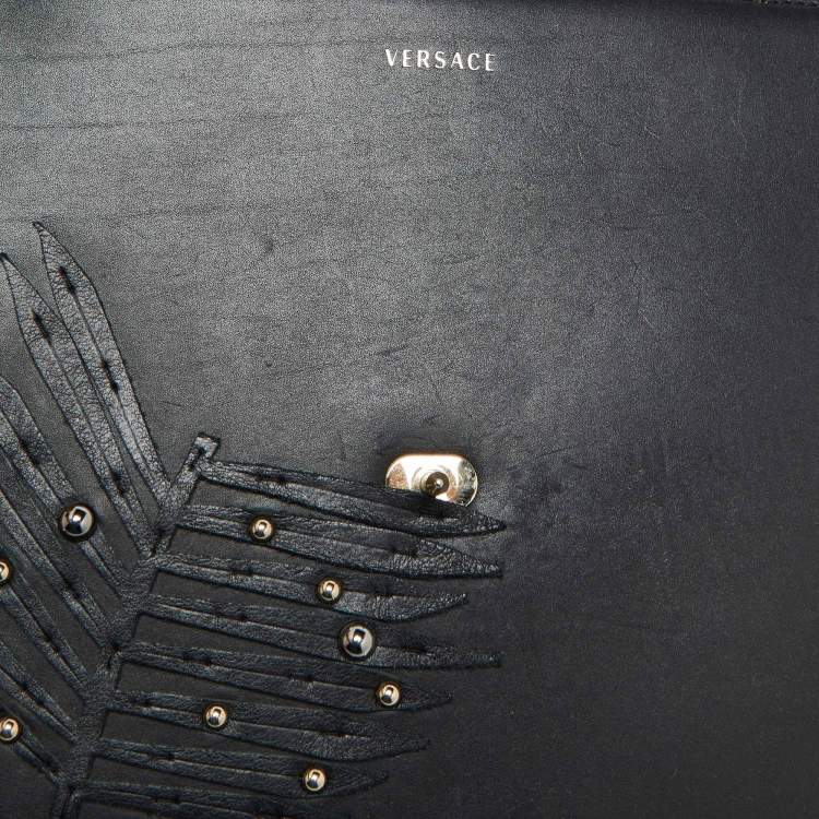 Pre Owned Versace Black Leather Applique Studded Flap Top Handle Bag