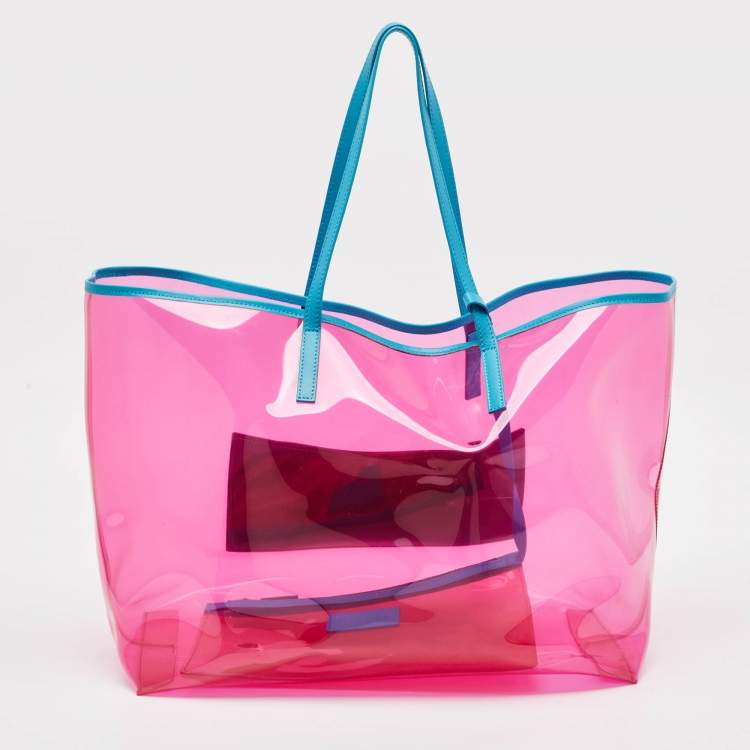 Pre Owned Versace Pink PVC and Leather 90s Logo Shopper Tote
