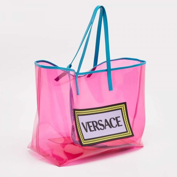 Pre Owned Versace Pink PVC and Leather 90s Logo Shopper Tote