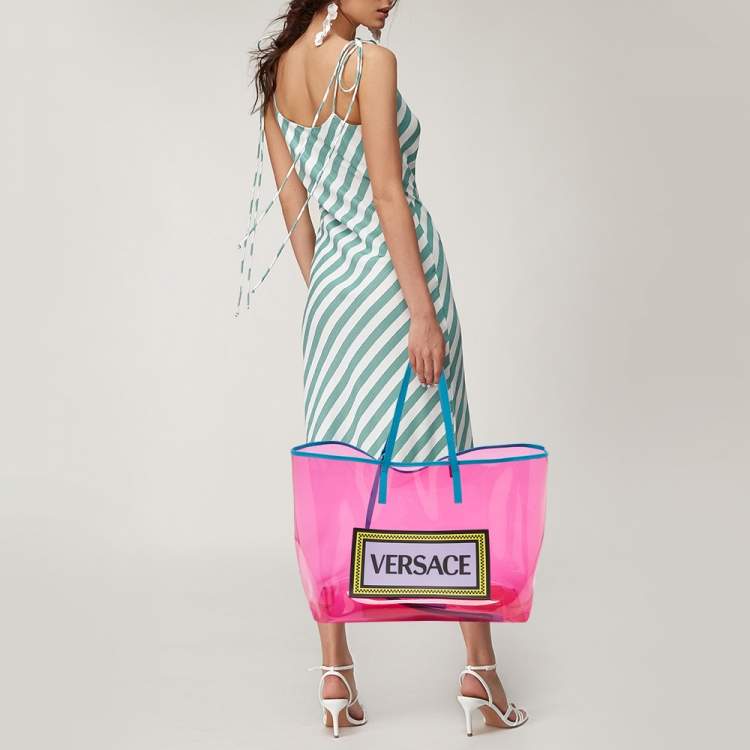 Pre Owned Versace Pink PVC and Leather 90s Logo Shopper Tote