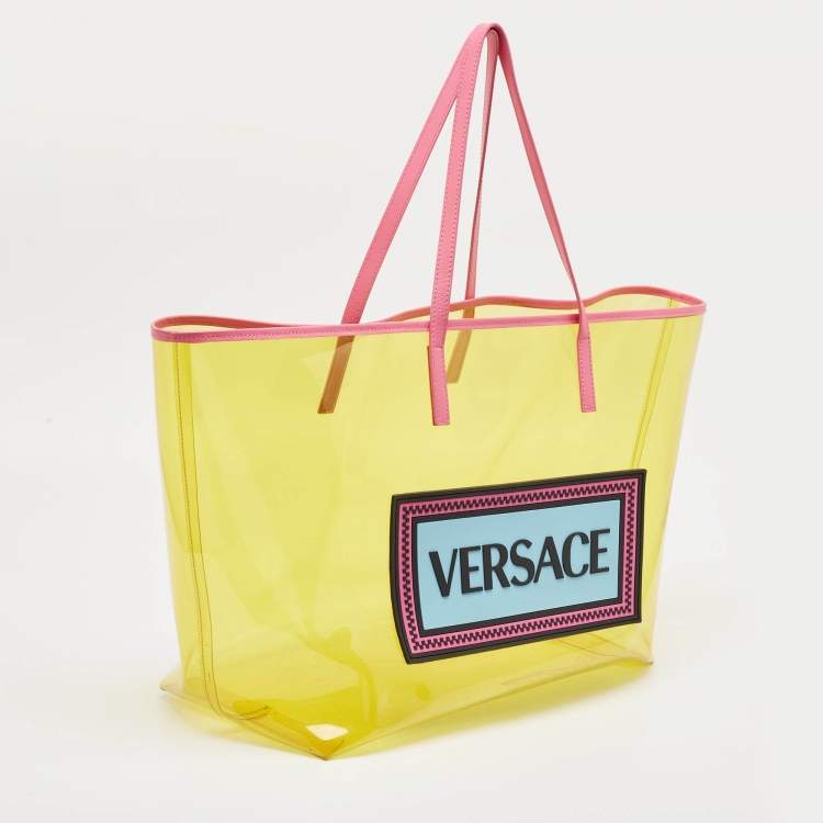 Pre Owned Versace Yellow PVC and Leather 90s Logo Shopper Tote