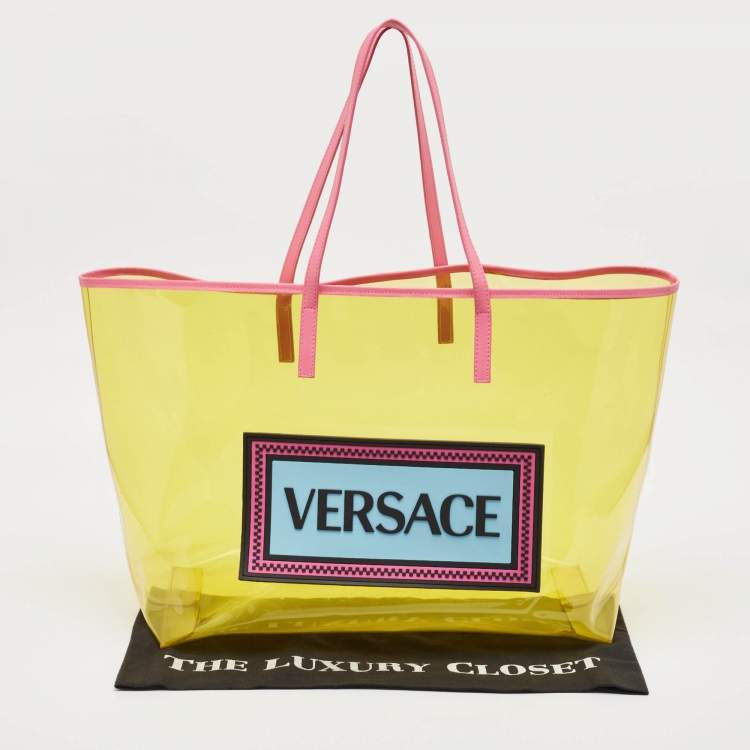 Pre Owned Versace Yellow PVC and Leather 90s Logo Shopper Tote