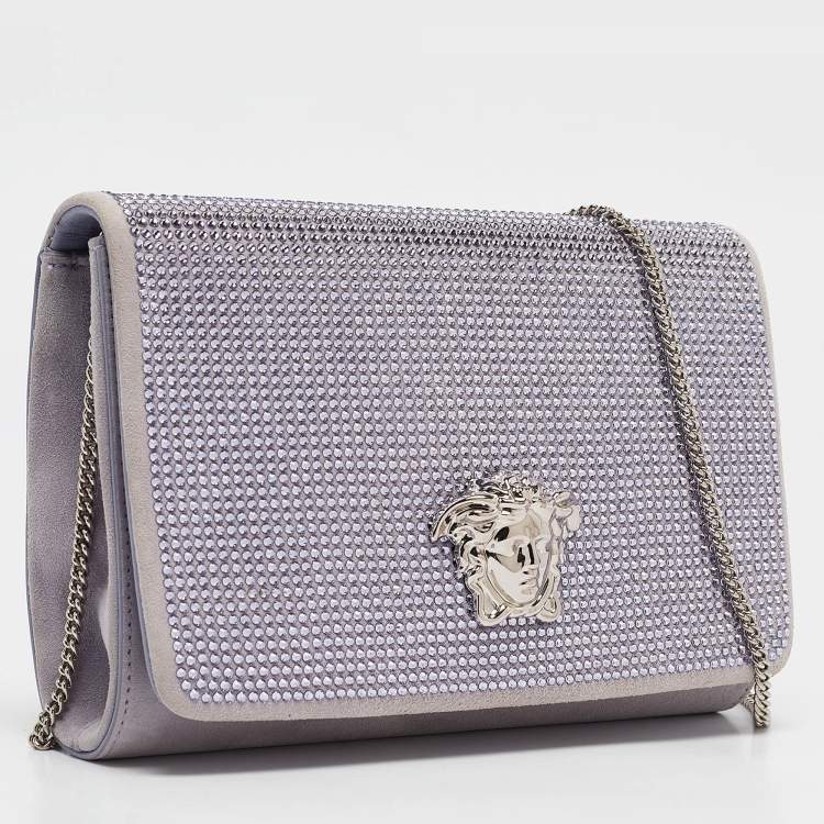 Pre Owned Versace Lavender Suede Crystal Embellished Palazzo Medusa Chain Clutch