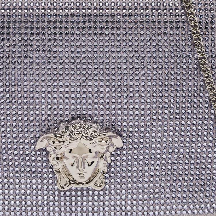 Pre Owned Versace Lavender Suede Crystal Embellished Palazzo Medusa Chain Clutch
