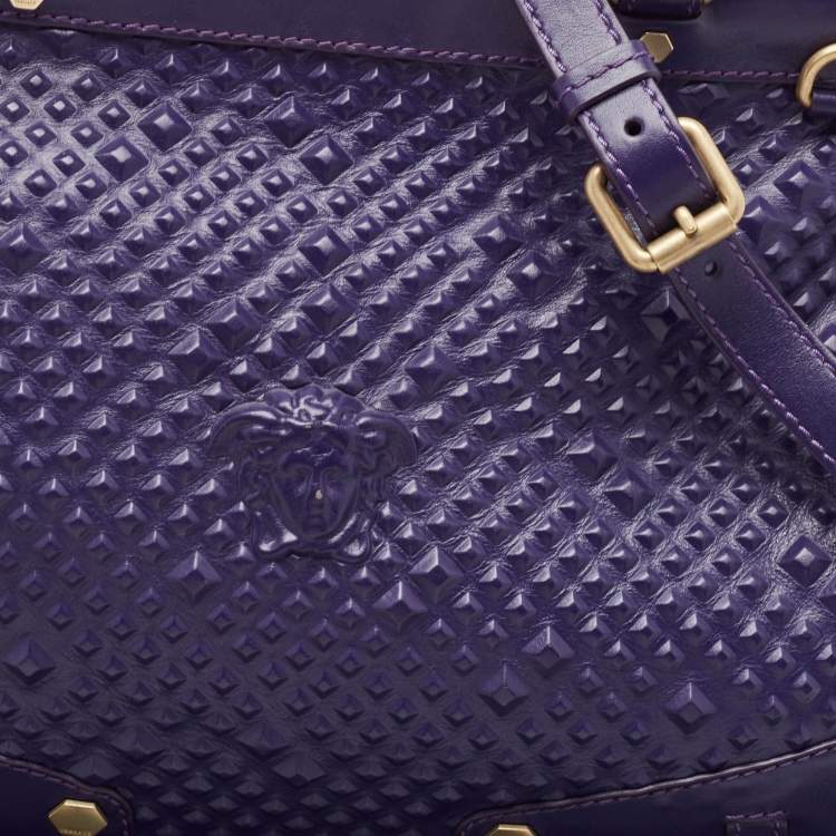 Pre Owned Versace Purple Embossed Leather Medusa Studded Tote