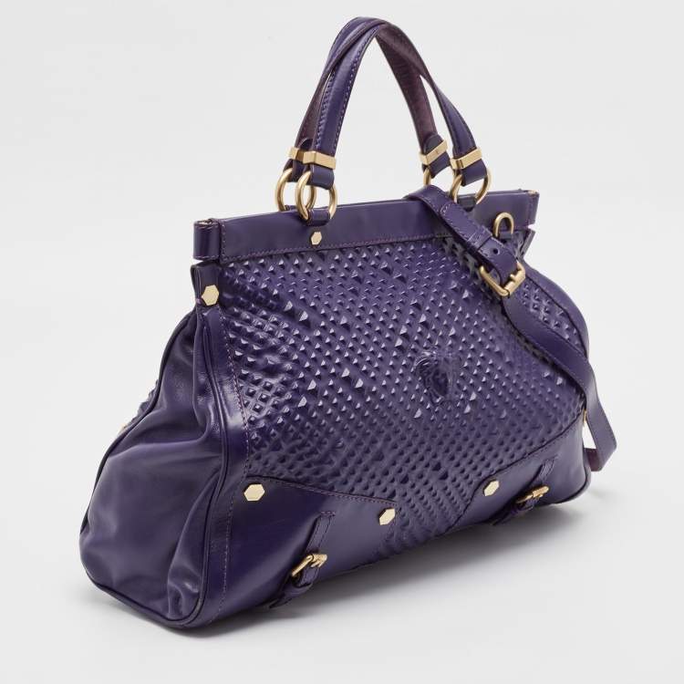 Pre Owned Versace Purple Embossed Leather Medusa Studded Tote