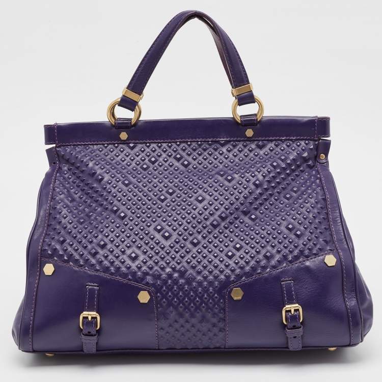 Pre Owned Versace Purple Embossed Leather Medusa Studded Tote