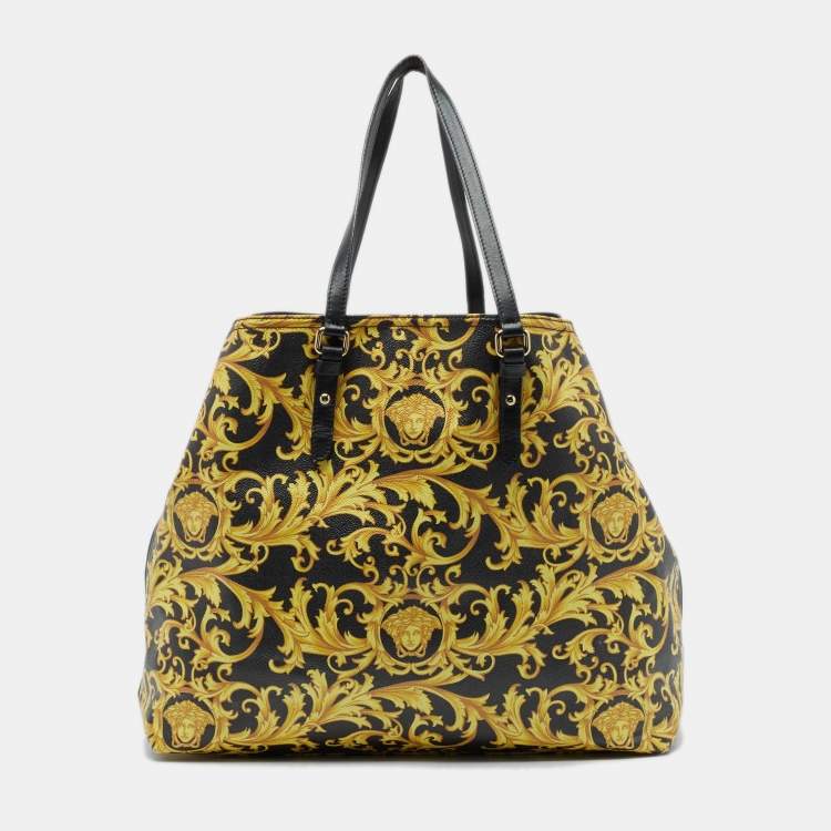 Pre Owned Versace Black/Yellow Barocco Print Coated Canvas Shopper Tote
