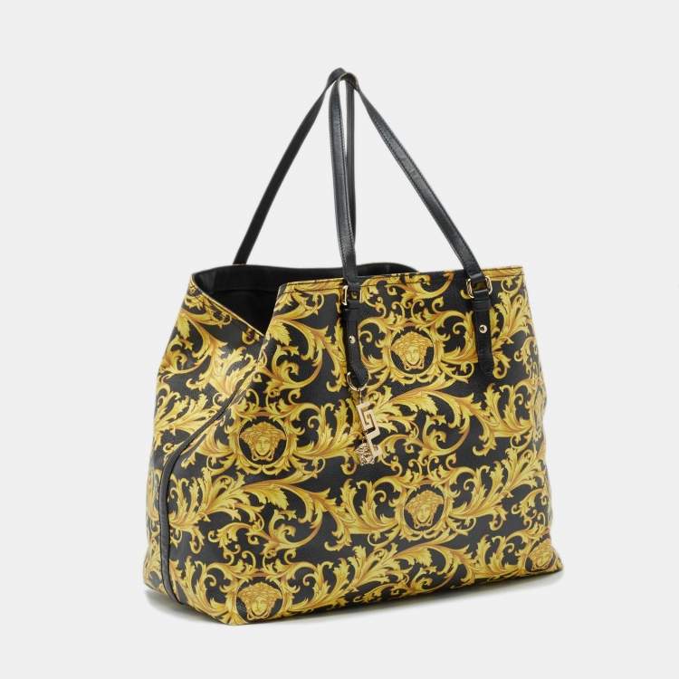 Pre Owned Versace Black/Yellow Barocco Print Coated Canvas Shopper Tote