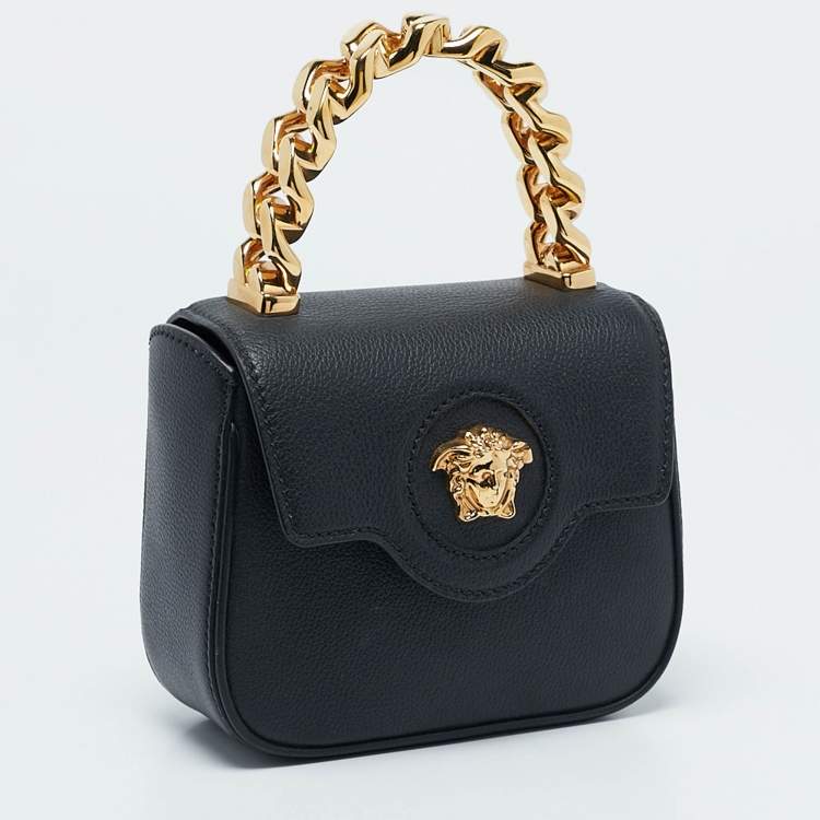 Pre Owned Versace Black Leather Mini La Medusa Top Handle Bag