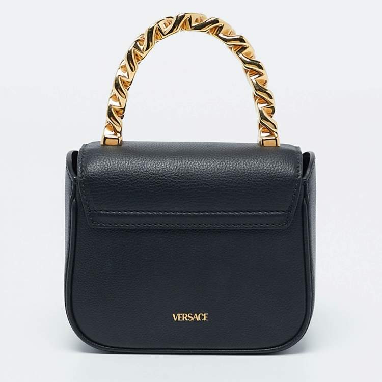 Pre Owned Versace Black Leather Mini La Medusa Top Handle Bag