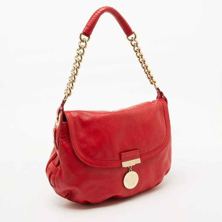 Pre Owned Versace Red Leather Medusa Lock Flap Shoulder Bag