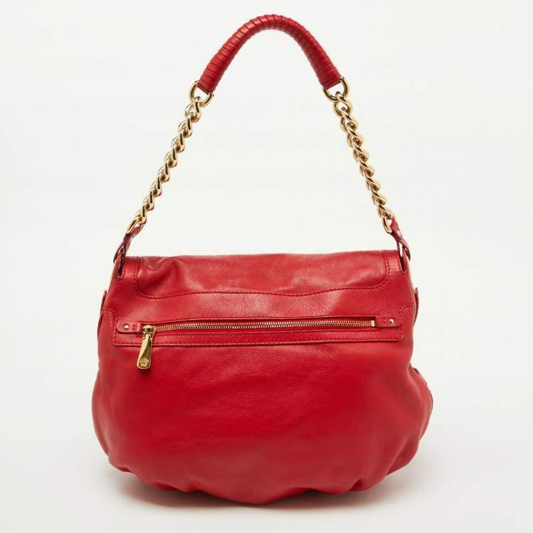 Pre Owned Versace Red Leather Medusa Lock Flap Shoulder Bag