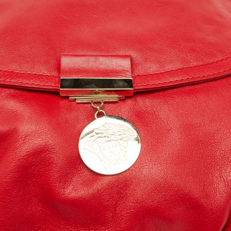 Pre Owned Versace Red Leather Medusa Lock Flap Shoulder Bag