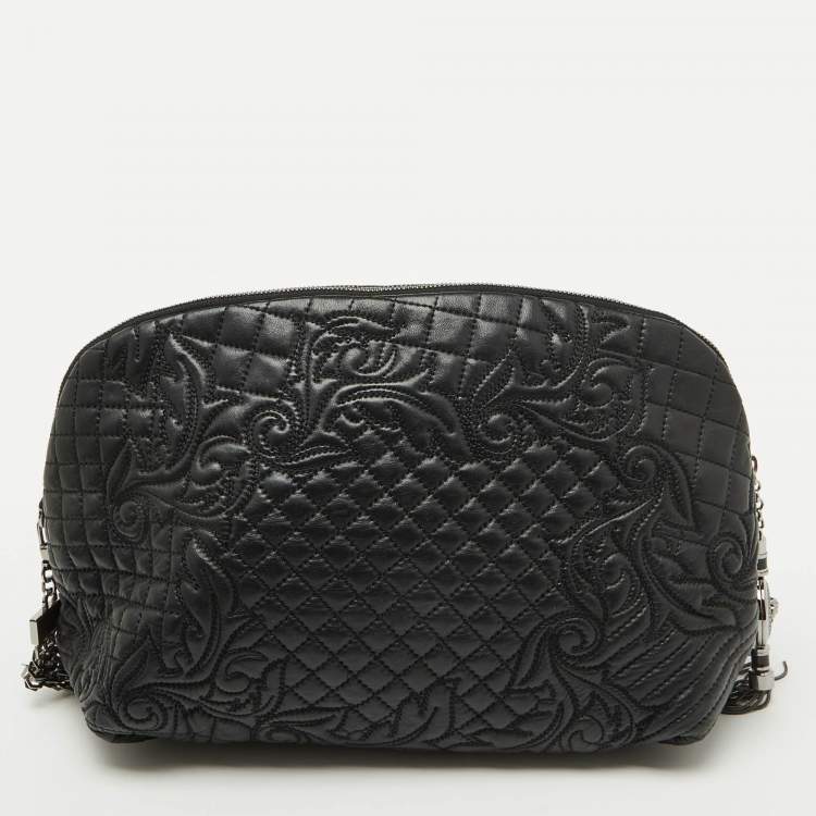 Pre Owned Versace Black Leather Quilted Embroidered Zip Satchel