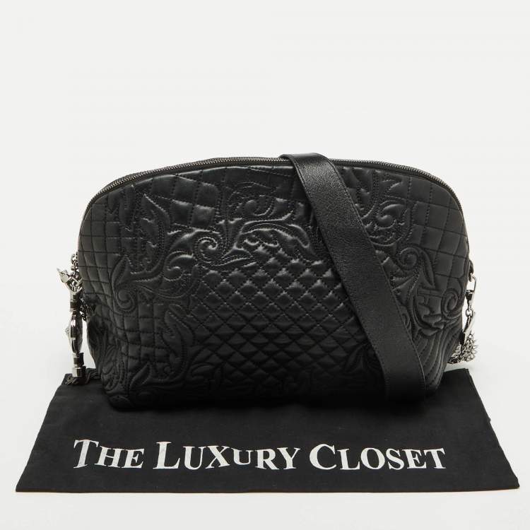 Pre Owned Versace Black Leather Quilted Embroidered Zip Satchel