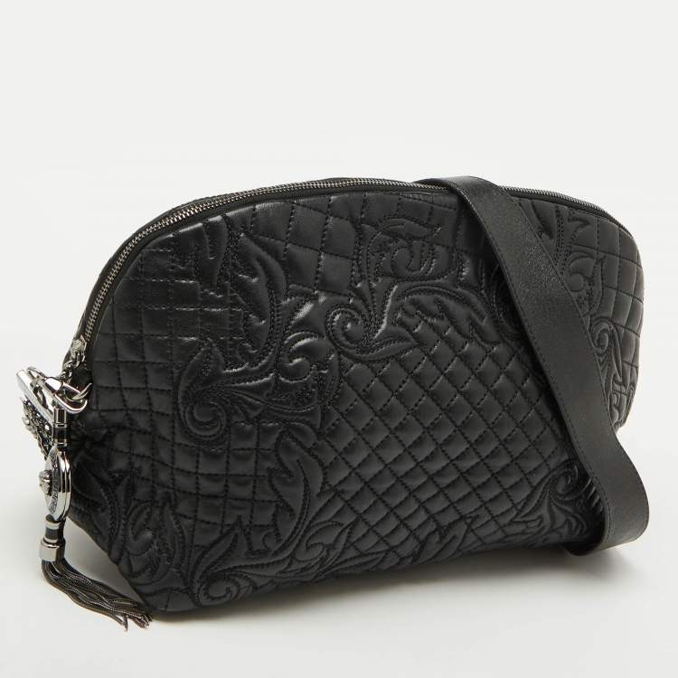 Pre Owned Versace Black Leather Quilted Embroidered Zip Satchel