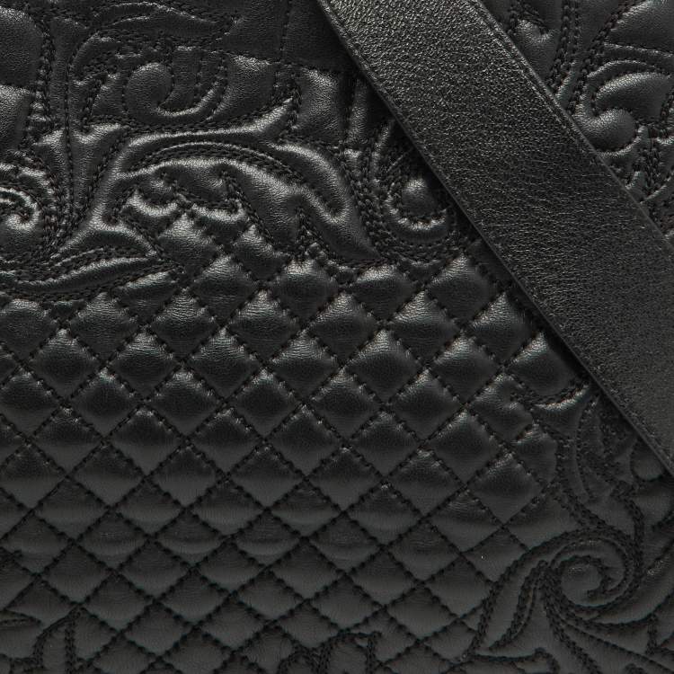 Pre Owned Versace Black Leather Quilted Embroidered Zip Satchel