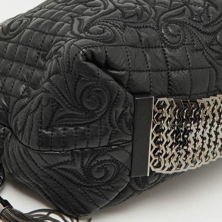 Pre Owned Versace Black Leather Quilted Embroidered Zip Satchel